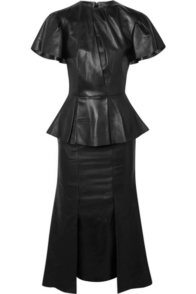 Shop Alexander Mcqueen Leather Peplum Midi Dress In Black
