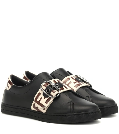 Shop Fendi Logo Leather Sneakers In Black