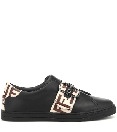 Shop Fendi Logo Leather Sneakers In Black