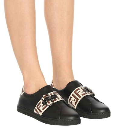 Shop Fendi Logo Leather Sneakers In Black