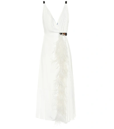Shop Prada Feather-trimmed Silk-twill Dress In White