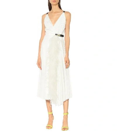 Shop Prada Feather-trimmed Silk-twill Dress In White