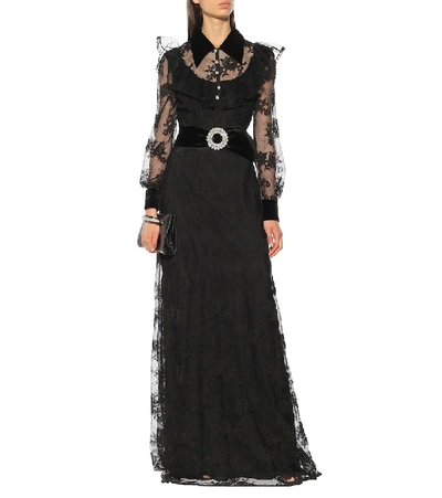 Shop Miu Miu Embellished Velvet-trimmed Lace Gown In Black