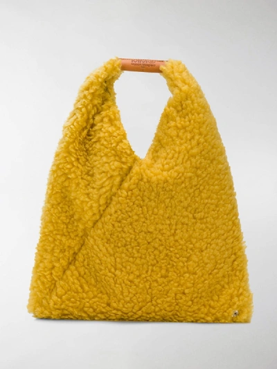 Shop Mm6 Maison Margiela Small Faux Shearling Tote In Yellow