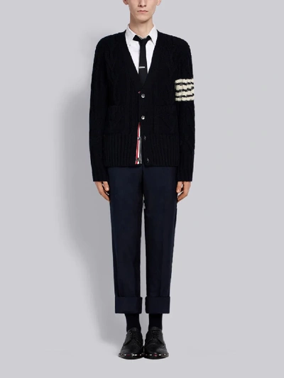 Shop Thom Browne 4-bar Aran Cable Cardigan In Blue