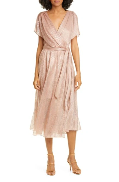 Shop Alice And Olivia Darva Faux Wrap Midi Dress In Peony/ Rose Gold