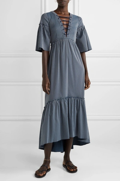 Shop La Ligne La Bohème Lace-up Striped Cotton-blend Maxi Dress In Navy