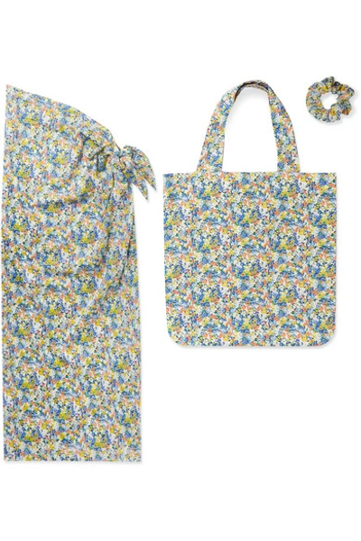 Shop Faithfull The Brand Floral-print Cotton Pareo, Tote And Hair Tie Set In Bright Blue