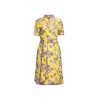 Shop Rumour London Akiko Kimono-style Silk Wrap Dress With Oriental Print In Yellow