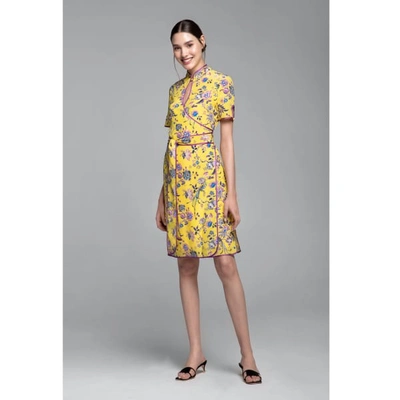 Shop Rumour London Akiko Kimono-style Silk Wrap Dress With Oriental Print In Yellow