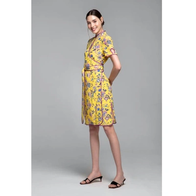 Shop Rumour London Akiko Kimono-style Silk Wrap Dress With Oriental Print In Yellow