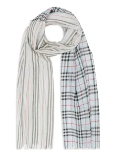 Shop Burberry Check To Stripe Wool & Silk Scarf In Pale Blue