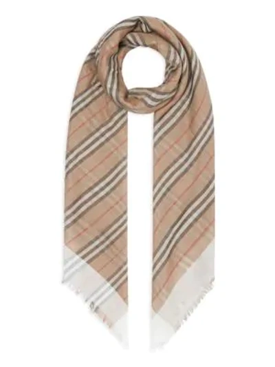 Shop Burberry Check To Stripe Wool & Silk Scarf In Archive Beige