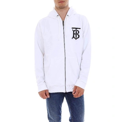 Shop Burberry Embroidered Logo Zipped Hoodie In White
