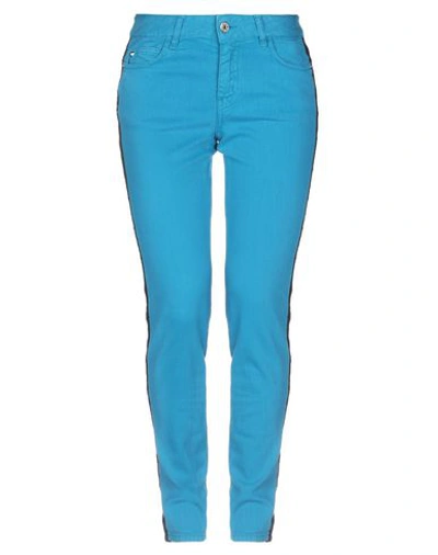Shop Just Cavalli Woman Jeans Turquoise Size 32 Cotton, Elastane, Calfskin In Blue