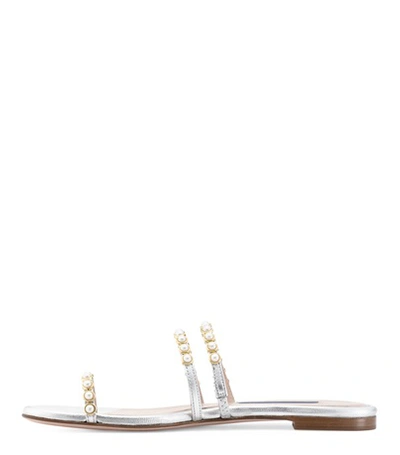 Shop Stuart Weitzman The Petrina Slide In Silver Metallic Caviar Leather