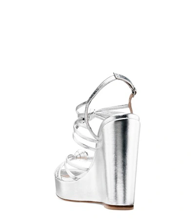 Shop Stuart Weitzman The Saffron Wedge In Silver Crinkle Metallic Leather