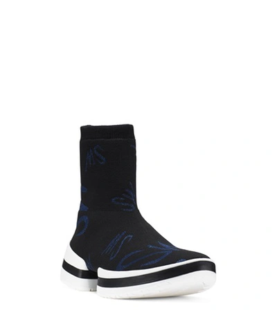 Shop Stuart Weitzman Sw-612 Logo Sock Bootie In Black And Blue Stretch Knit