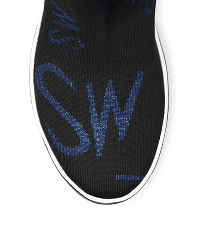 Shop Stuart Weitzman Sw-612 Logo Sock Bootie In Black And Blue Stretch Knit