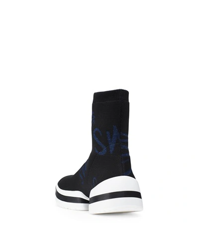 Shop Stuart Weitzman Sw-612 Logo Sock Bootie In Black And Blue Stretch Knit