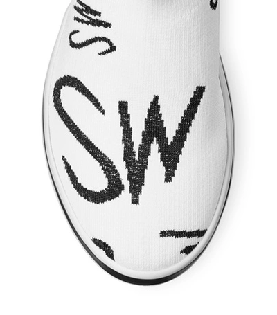 Shop Stuart Weitzman Sw-612 Logo Sock Bootie In White And Black Stretch Knit