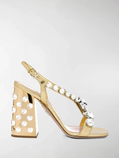 Shop Miu Miu Crystal Embellished Sandals In Gold