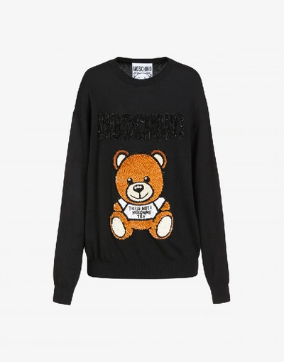 Shop Moschino Teddy Bear Wool Sweater In Black