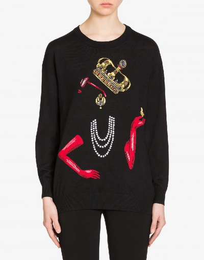 Shop Boutique Moschino Invisible Queen Extrafine Merino Wool Sweater In Black