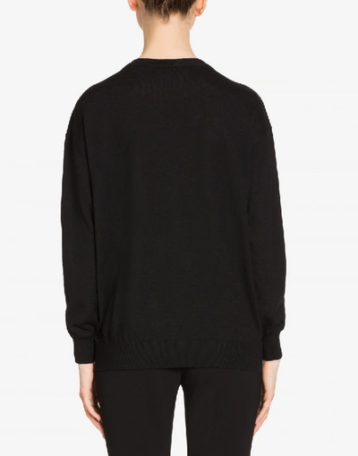 Shop Boutique Moschino Invisible Queen Extrafine Merino Wool Sweater In Black