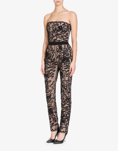 Shop Moschino Tulle Jumpsuit With Brushstroke Embroidery In Black