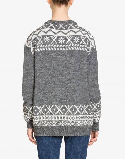 Shop Moschino Fair Isle Teddy Bear Pullover In Grey