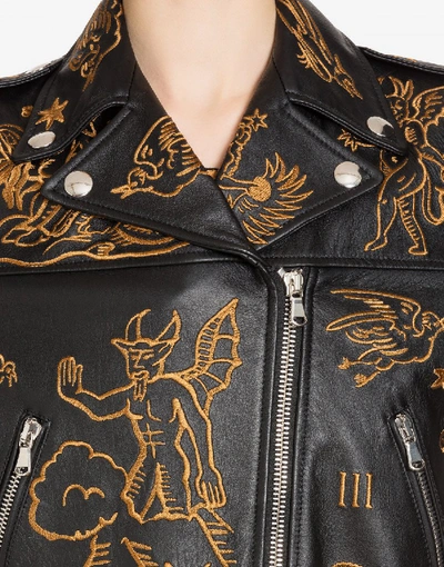 Shop Moschino Mythological Creatures Leather Biker In Black