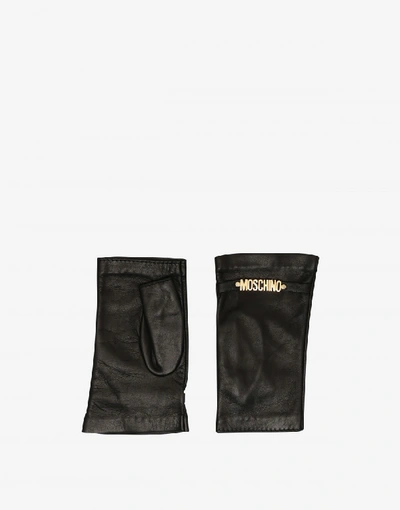 Shop Moschino Fingerless Leather Gloves With Mini Lettering Logo In Black