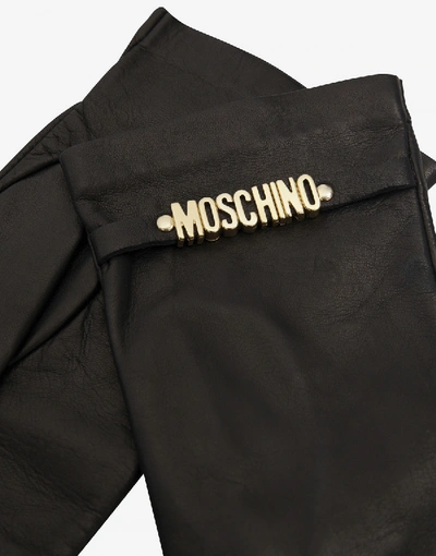 Shop Moschino Fingerless Leather Gloves With Mini Lettering Logo In Black