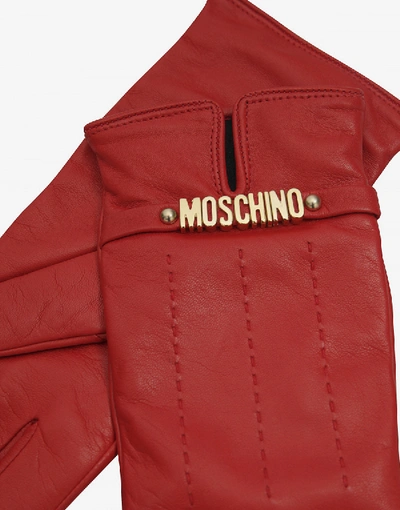 Shop Moschino Leather Gloves With Mini Lettering Logo In Black