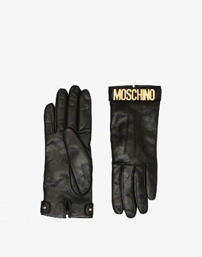 Shop Moschino Leather Gloves With Lettering Logo In Black