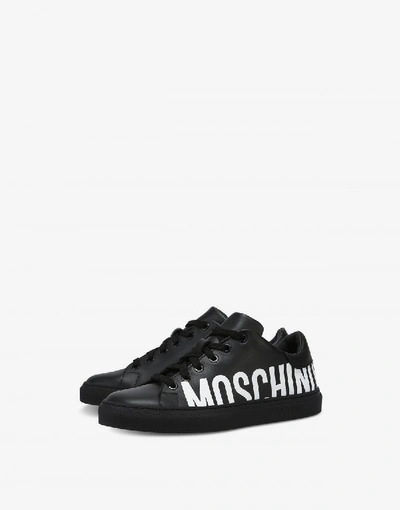 Shop Moschino Leather Sneakers With Maxi Logo Print In Black