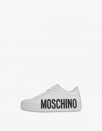 Shop Moschino Leather Sneakers With Maxi Logo In White