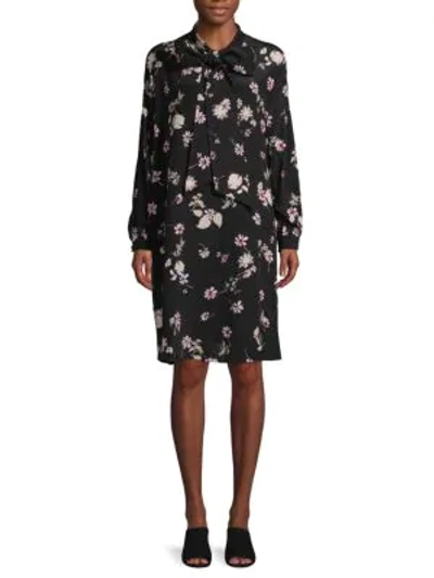 Shop Valentino Floral Tie-neck Shift Dress In Nero