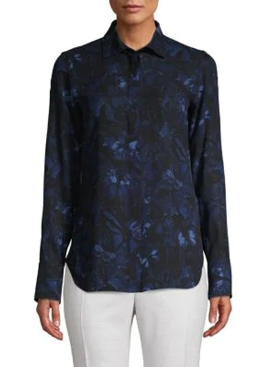 Shop Valentino Printed Silk Button-down Shirt In Navy