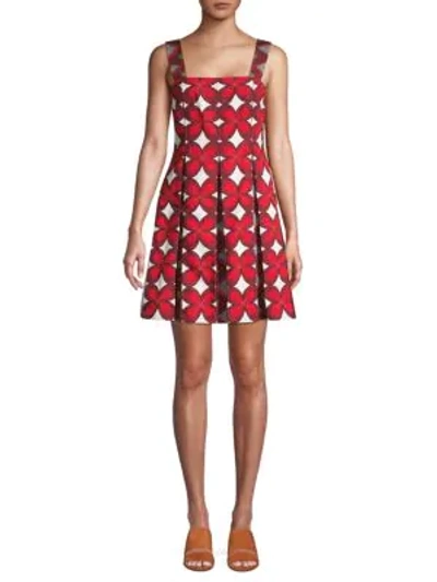 Shop Valentino Floral Cotton Blend A-line Dress In Red