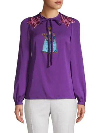 Shop Dolce & Gabbana Graphic Patch Silk Blouse In Purple