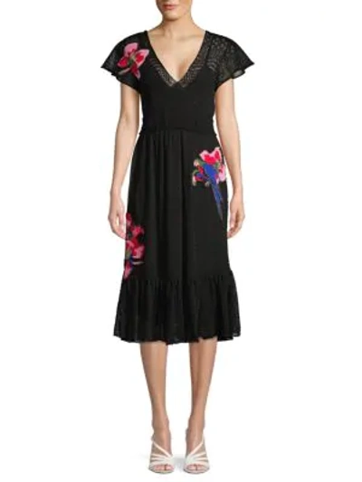 Shop Valentino Floral Appliqué Pointelle Knit Dress In Nero