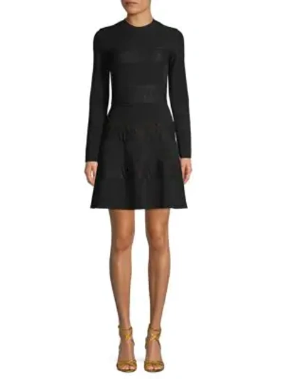 Shop Valentino Floral Lace-trimmed Mini Fit-&-flare Dress In Nera