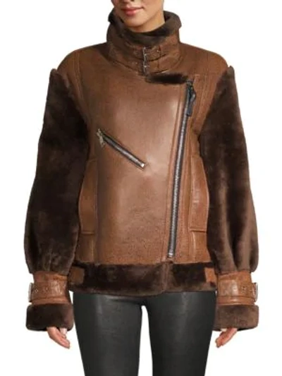 Shop Nicole Benisti Gramercy Sheep Fur-trim Leather Jacket In Mocha