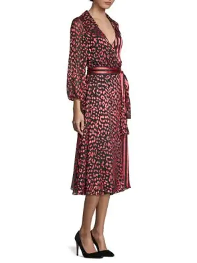 Shop Alice And Olivia Abigail Metallic Leopard & Stripe Stretch Silk Wrap Dress In Rose