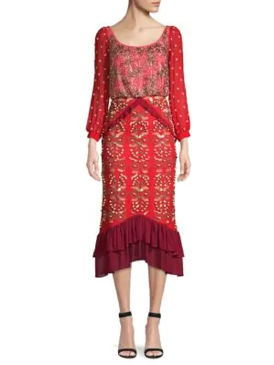 Shop Saloni Isa Embellished Midi Dress In Red Multi