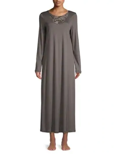 Shop Hanro Ella Long-sleeve Long Night Gown In Feather Grey