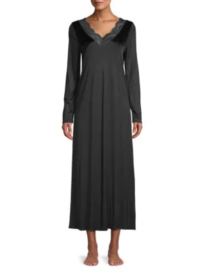 Shop Hanro Ava Velvet Long-sleeve Night Gown In Black