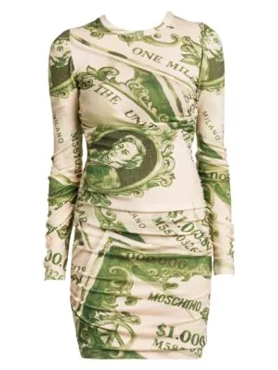 Shop Moschino Dollar Print Wool Long-sleeve Mini Dress In Million Dollar Print